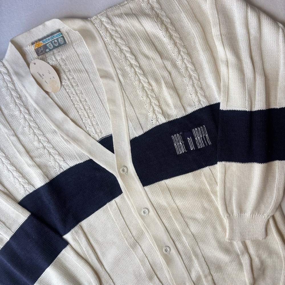 Vintage Robe Di Kappa Cable Knit Cardigan Sweater Mens XL  Ivory Blue Grandpa